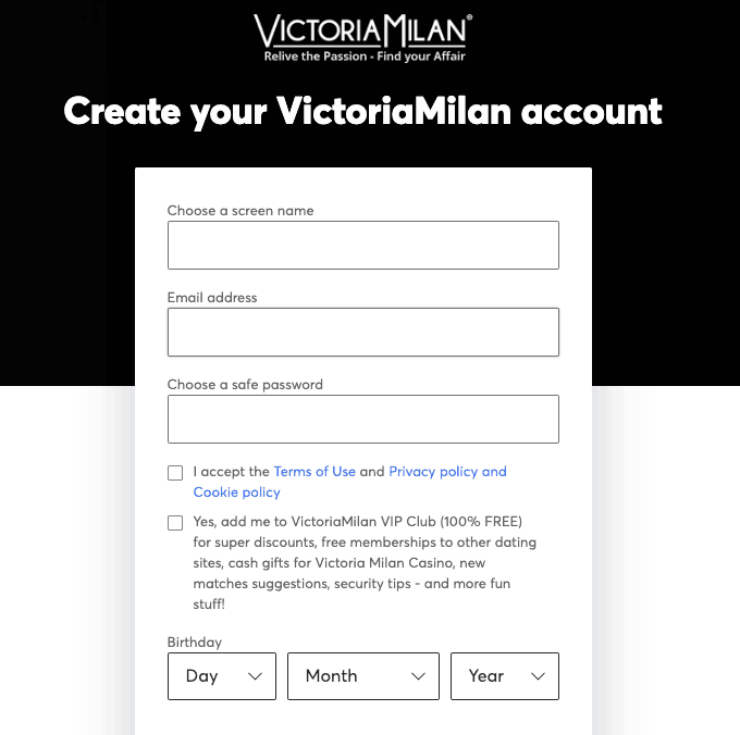 victoria milan create account