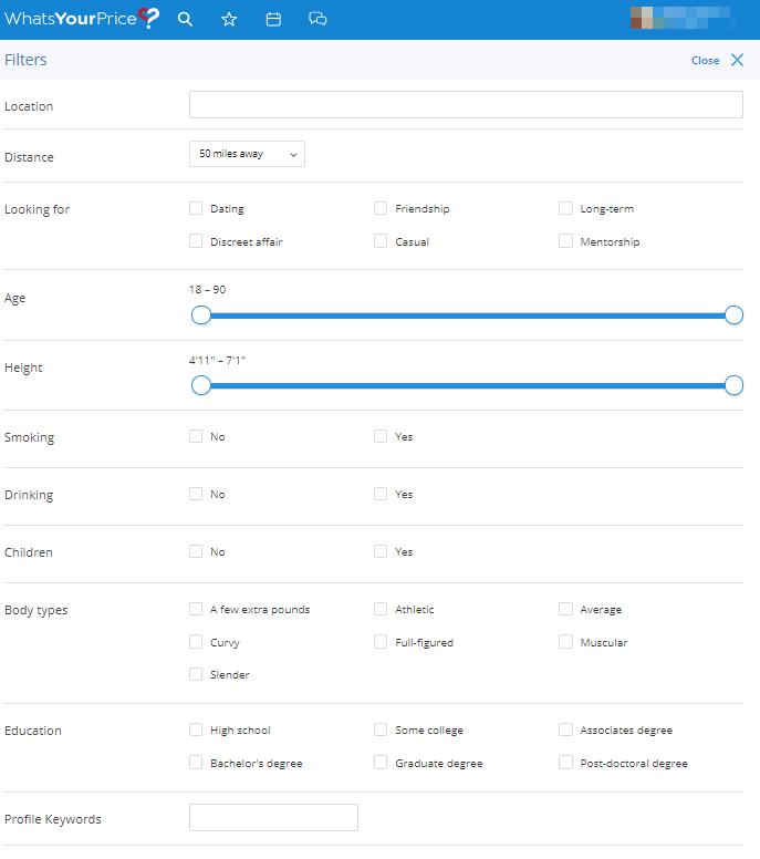 WhatsYourPrice- مرشحات