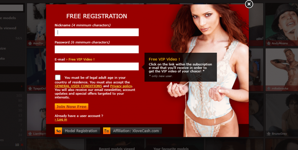 XLoveCams registration