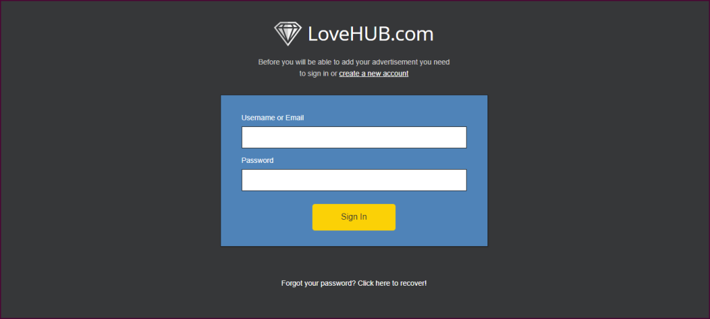loveHub log-in
