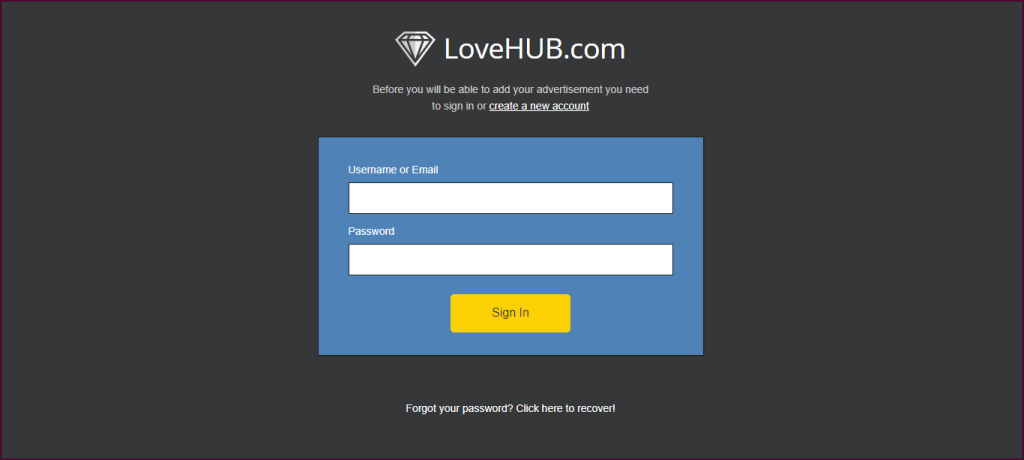 iniciar sesión en LoveHub