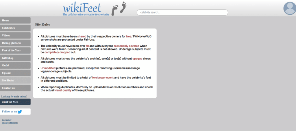 regole del sito wikifeet